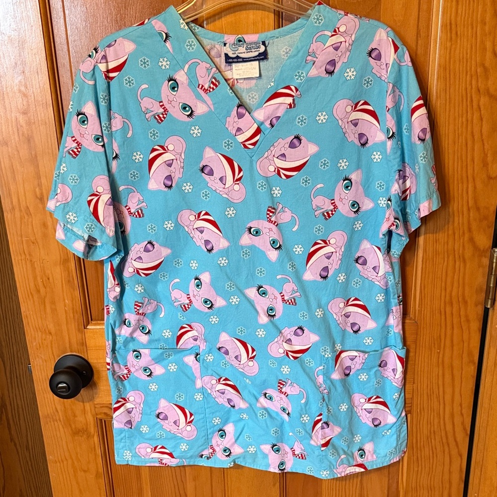Women’s Scrub Top with Winter Kitty Design